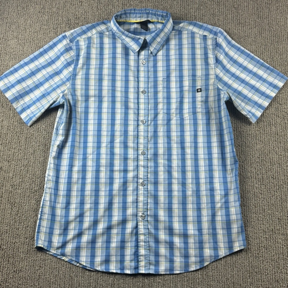 Marmot Mens L Button Up Shirt Short Sleeve Blue Plaid Camp Hiking